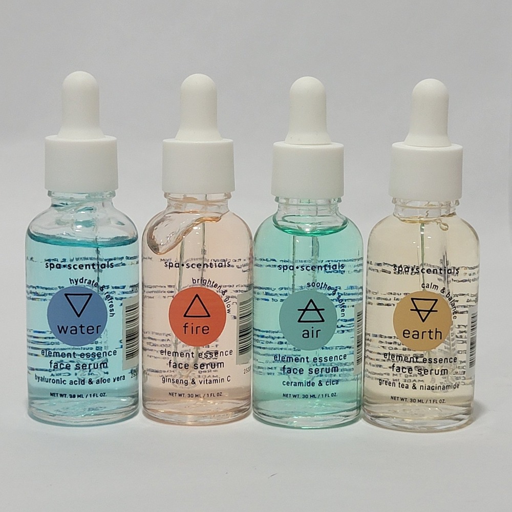 Spa-Scentials Element Essence Face Serum Set 4pk Water Fire Air Earth 1oz Each